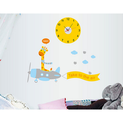 Cute Giraffe Flying Airplane Theme Wall Sticker Clock With Banner