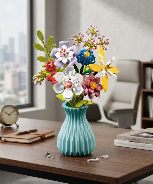 Botanical Flower Building Block Set with Blue Decorative Vase