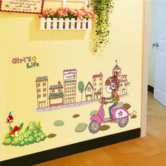 Girl On Bike In City Wallpaper Sticker, Creative PVC Wall Sticker For Kids Room Decoration Colorful Wall Art Decal