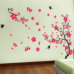 Black Cherry Blossom Tree Branches with Flying Birds Wall Decal