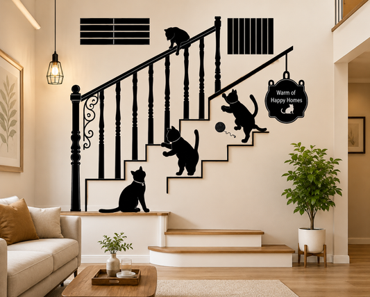 Playful Black Cats On Staircase Railing Removable Wall Sticker Decal