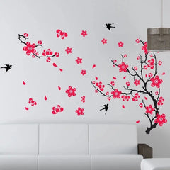 Black Cherry Blossom Tree Branches with Flying Birds Wall Decal