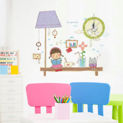 Creative Cute Girl Reading Book Theme Wall Sticker Clock