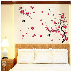 Black Cherry Blossom Tree Branches with Flying Birds Wall Decal