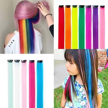 Colorful Straight Hair Extensions Clip-In Highlights Synthetic Hair Pieces