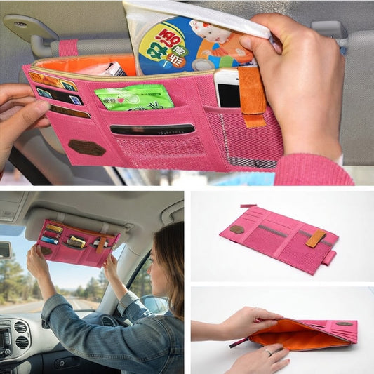 Car Sun Visor Organizer Pouch With Multiple Pockets And Zipper