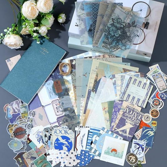 Blue Aesthetic Scrapbooking Kit – Stickers, Papers & Tags Set