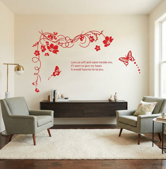 Wall Stickers Red Floral Vine Butterfly Wall Decals