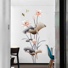 Elegant Pink Lotus Flower and Flying Birds Wall Sticker