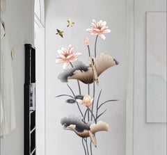 Elegant Pink Lotus Flower and Flying Birds Wall Sticker