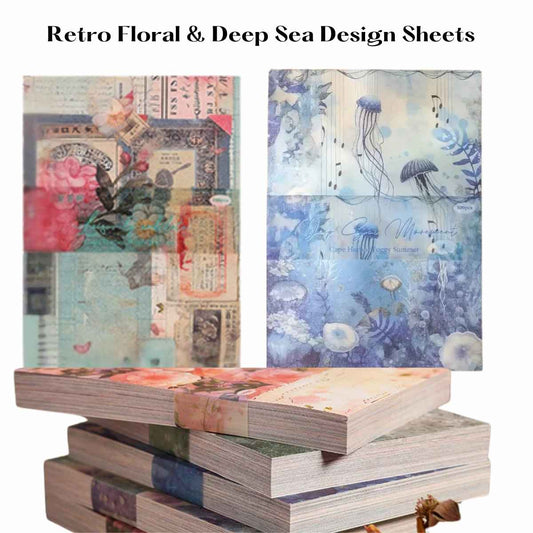 100 Pcs Decorative Scrapbook Paper – Retro Floral & Deep Sea Design Sheets