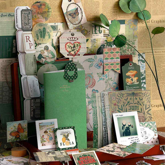 Green Aesthetic Scrapbooking Kit – Stickers, Papers & Tags Set