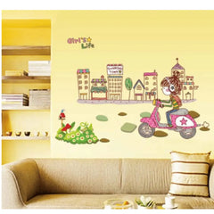 Girl On Bike In City Wallpaper Sticker, Creative PVC Wall Sticker For Kids Room Decoration Colorful Wall Art Decal