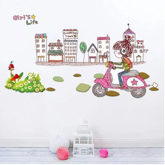 Girl On Bike In City Wallpaper Sticker, Creative PVC Wall Sticker For Kids Room Decoration Colorful Wall Art Decal