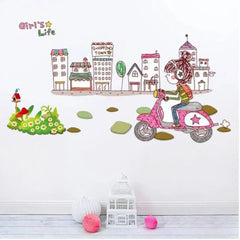 Girl On Bike In City Wallpaper Sticker, Creative PVC Wall Sticker For Kids Room Decoration Colorful Wall Art Decal