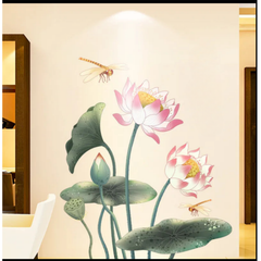 Traditional Pink Lotus Flower And Dragonfly Waterproof Wall Sticker Decal