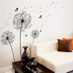 Black Dandelion Flying Seeds and Butterflies Wall Sticker Art