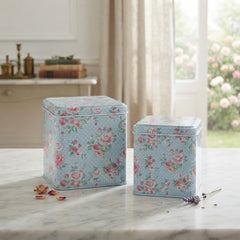 Vintage Floral Square Metal Storage Tin Canister with Matching Lid