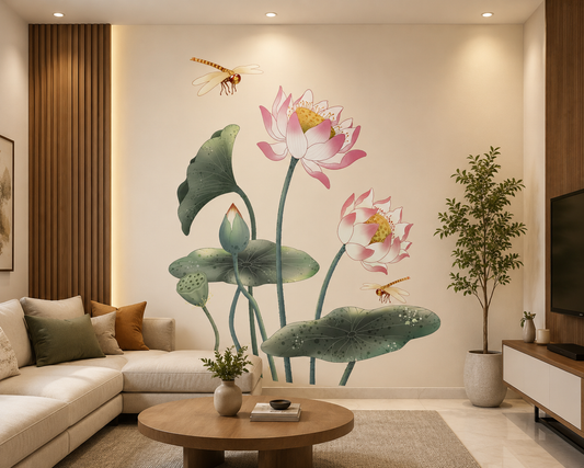 Traditional Pink Lotus Flower And Dragonfly Waterproof Wall Sticker Decal