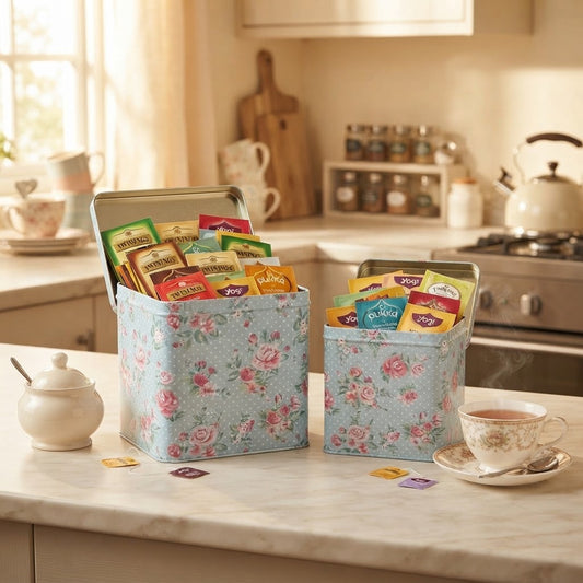 Vintage Floral Square Metal Storage Tin Canister with Matching Lid
