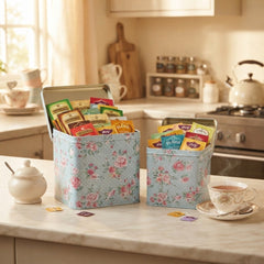 Vintage Floral Square Metal Storage Tin Canister with Matching Lid