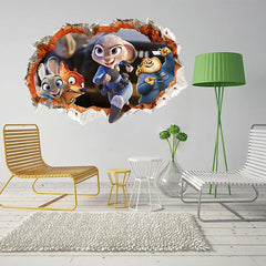 3D Cracked Wall Hole Zootopia Wall Sticker – Judy Hopps & Nick Wilde Cartoon Vinyl Decal for Kids Room