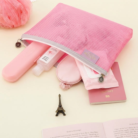 Pack of 3 Pink Mesh Zipper Travel Storage Pouch Organizer Set