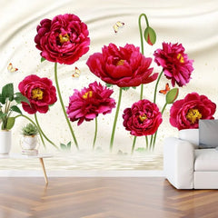 Red Peony Flower and Butterflies Wall Sticker