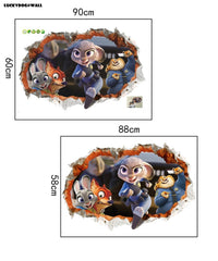 3D Cracked Wall Hole Zootopia Wall Sticker – Judy Hopps & Nick Wilde Cartoon Vinyl Decal for Kids Room