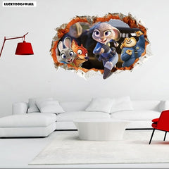 3D Cracked Wall Hole Zootopia Wall Sticker – Judy Hopps & Nick Wilde Cartoon Vinyl Decal for Kids Room