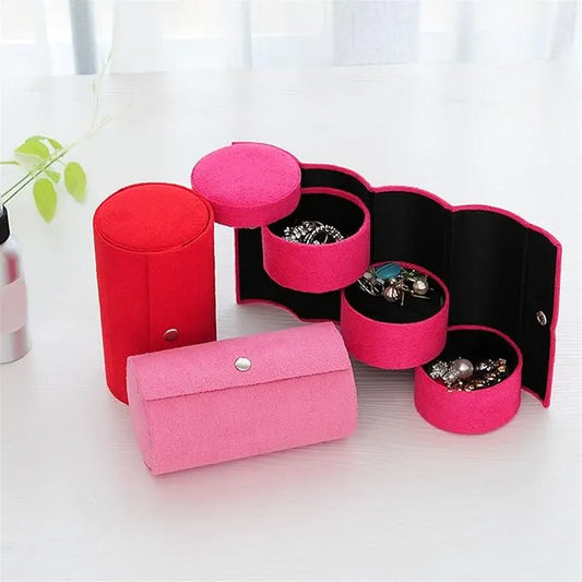 Pink Velvet Foldable 4-Tier Rotating Cylinder Jewelry Storage Box