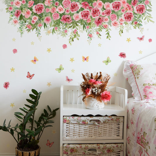Pink Rose Floral Wall Stickers with Butterflies and Birds Décor