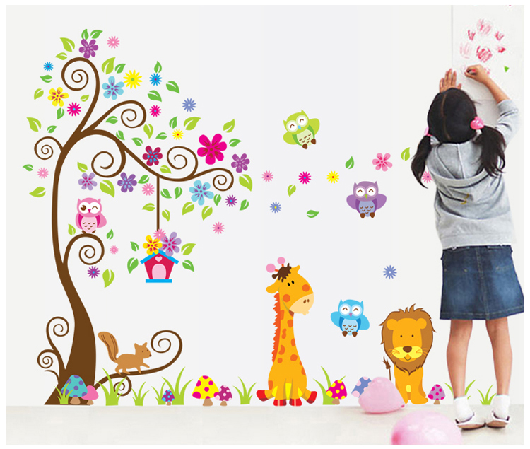 Owl Tree House Wall Sticker Cartoon Animal WallPaper For Kids.