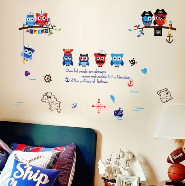 Lovely Pirate Owl Wall Sticker Colorful Wall Paper For Kids Room.
