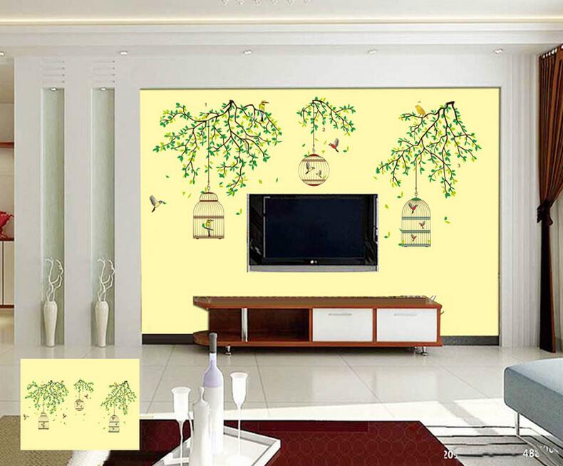 Green Branches Wall Sticker Floral Bird Cage Wall Paper Decor