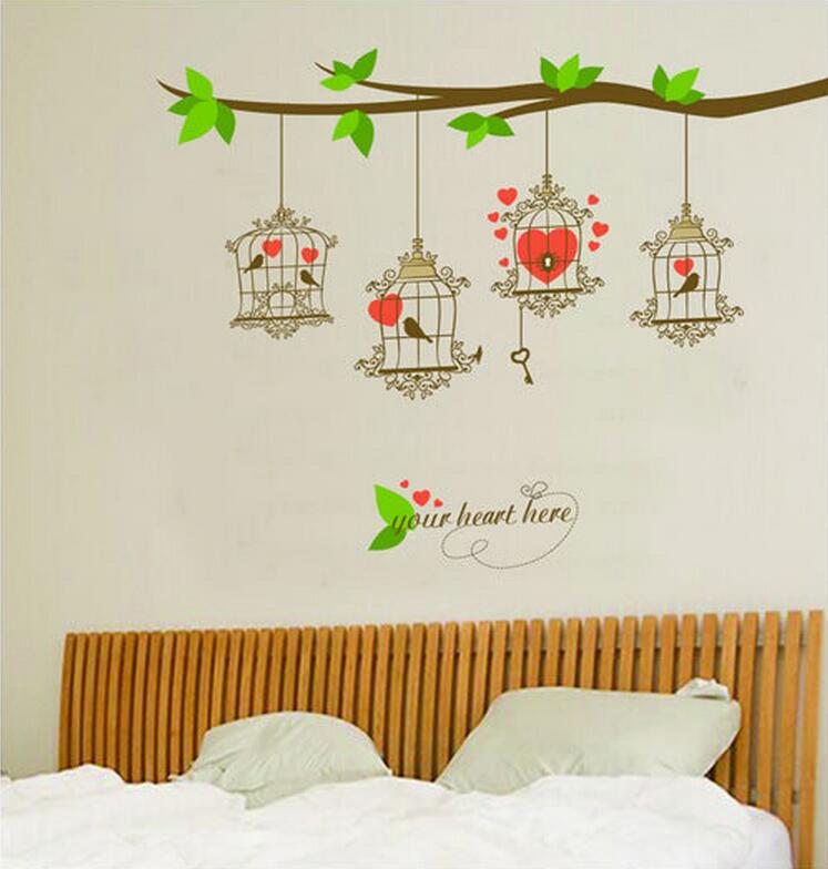 Floral Branch With Bird Cages Wall Sticker Birds And Heart Sticker.