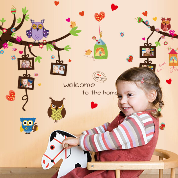 Wall Art Decorations Owl Tree House Colorful Wall Paper Cartoon 