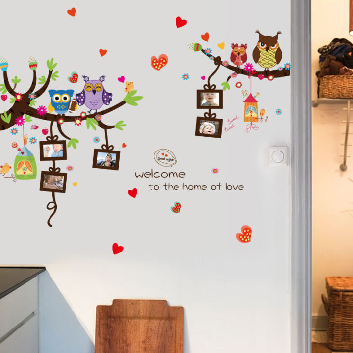 Wall Art Decorations Owl Tree House Colorful Wall Paper Cartoon