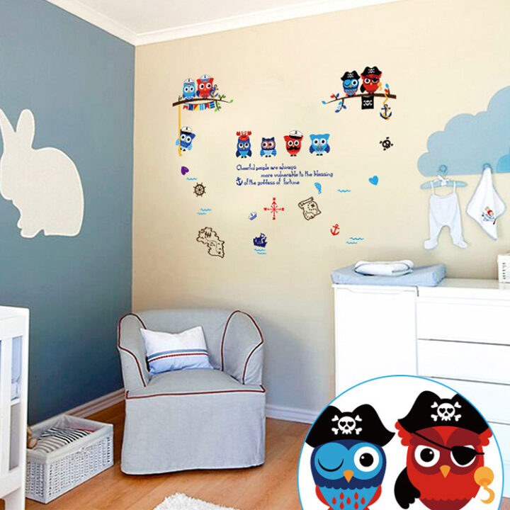 Lovely Pirate Owl Wall Sticker Colorful Wall Paper For Kids Room.