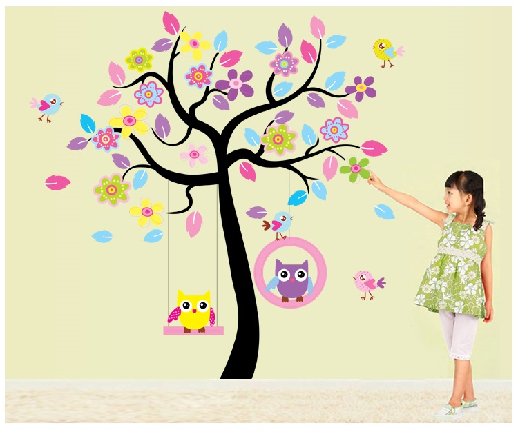 Wall Sticker For Kids Room Owl Tree Creative Colorful Wallpaper.