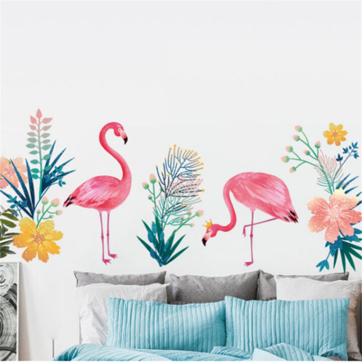3d Wall stickers Pink Flamingo With Colorful Leaves Wall Decal.