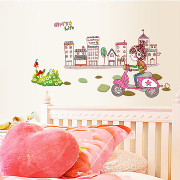 Wall Arts Girl On Bike In City Wallpaper Sticker For Home Decor.