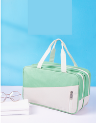 Green and Beige Dual-Tone Travel Cosmetic Pouch with Top Handles