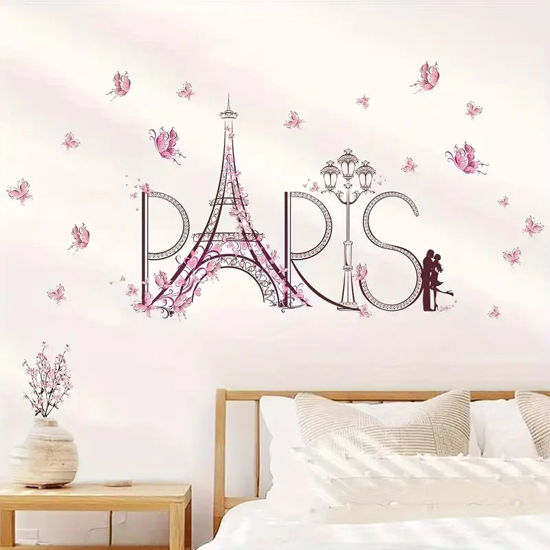 Paris Eiffel Tower Pink Butterfly Wall Sticker Romantic Bedroom Decor