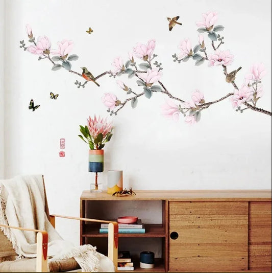 Magnolia Flower Wall Sticker with Birds & Butterflies Elegant Branch Design for Bedroom, Lounge & Study Walls