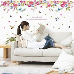 Colourful Peony Flower Wall Sticker with Birds & Butterflies – Floral Decal