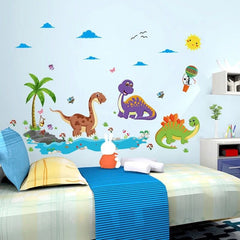 Cute Cartoon Dinosaurs Palm Tree Clouds Kids Room Wall Sticker