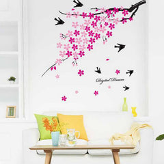 Pink Cherry Blossom Tree Branches with Flying Birds Wall Decal