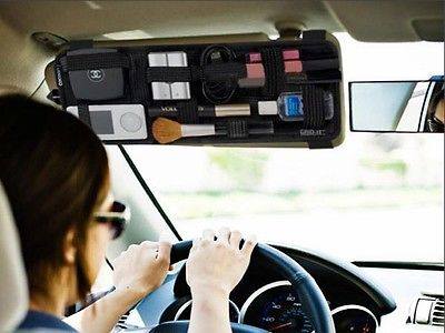 Car Sun Visor Organizer Storage, Multi-purpose Anti-slip Elastic Nylon Fabric Auto Holder Pocket Accessories for CD Card Sunglass Cell phone Pen Cable, with 1 Air Conditioner