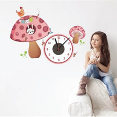 Pink Mushroom House Rabbit And Rooster Kids Wall Clock